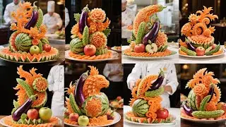 Creativity Unleashed! Watermelon + eggplant + bitter melon + apple carved into an intricate platter!