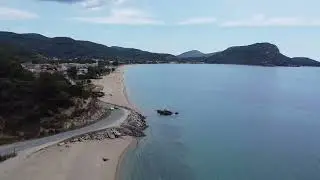 Toroni beach, Sithonia, Halkidiki, Greece from drone in june