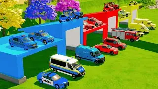 TRANSPORTING CARS, AMBULANCE, POLICE CARS, FIRE TRUCK OF COLORS! WITH TRUCKS! FARMING SIMULATOR 22