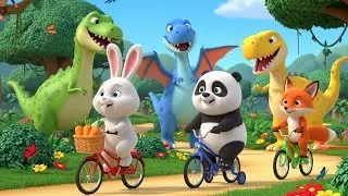 🐼🐰🦊 Dino Chase Adventure |Dinosaur Story for Kids | Bunny, Panda & Fox on Bicycle | Kids Rhyme
