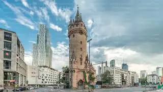 The Eschenheim Tower timelapse hyperlapse. Historic city gate in Frankfurt, Germany.