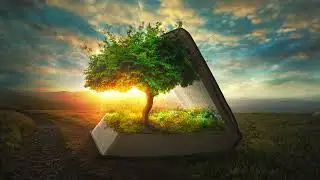Solo Tree Planted In Open Bible With Mountain Trail Field Under Blue Clouds Sky Christian Background