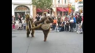 Chip & Dale dancing in front of fire station Disneyland fire house five plus two  Main Street 2010