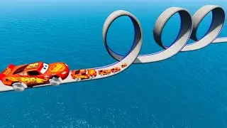 Big and Small Mcqueen with Saw Wheels Vs Impossible Triple loop Bridge Crossing - BeamNG.drive