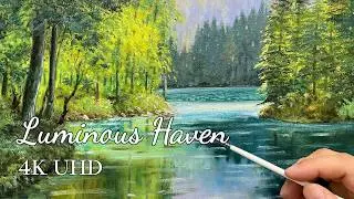 Painting a Serene Lake Forest - Acrylic Landscape Tutorial (ASMR Timelapse)
