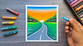 ⭐ Как нарисовать закат на дороге | Простой пейзаж масляной пастелью для начинающих