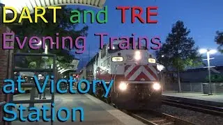 Evening DART and TRE Trains at Victory Station - Plus Reunion Tower Light Effects!