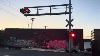 UP 6037 Manifest Train w/ Mid & Rear DPU North - E, Locust Street. Railroad Crossing, Lodi CA