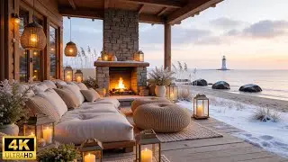 Calm Winter Veranda by the Sea ❄️Peaceful Piano Music, Warm Fireplace & Oceas Sounds for Happy Moods