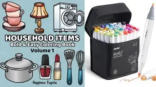 Household Items Coloring Book ☕️🥄 Book Flip Through 💄 Color With Me | Satisfying ASMR 🍽️🥰