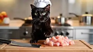 Cat shredding chicken meat