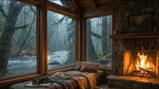 3 Hours Cozy Cabin Fireplace + Rain & River Sounds | Sleep, Relax, Study