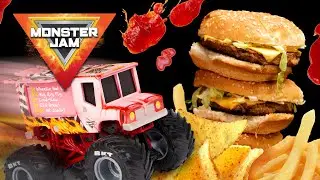 Monster Trucks Drive Across A Hot Dog Bridge! / Trucks vs Food!