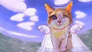 Drawing a winking angel cat on a surfing board☁️