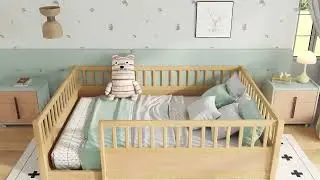 ✨✨Bellemave&reg; Full Floor Bed with high Rails for Kids, Wood Montessori Floor Bed Without Door,Natural