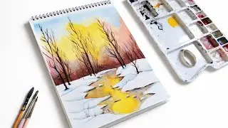 Relaxing Watercolor Painting | Winter Sunset Landscape | Watercolor Painting Tutorial 