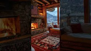 Cozy cabin vibes! 🔥🏔️ Relax by the fire with a stunning snowy mountain view. ❄️✨