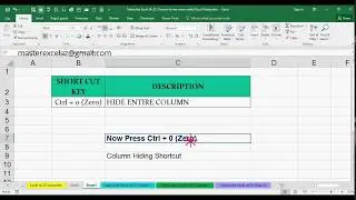Ctrl + 0 Shortcut Key with Example in MS Excel Spreadsheet 2016