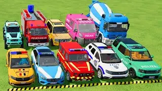TRANSPORTING POLICE CARS, AMBULANCE, FIRE TRUCK, COLORFUL CARS WITH TRUCK -FARMING SIMULATOR 22!
