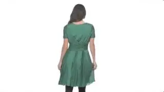 Halston Heritage Short Sleeve Crewneck Pleated Dress with Flared Skirt SKU:#8061914