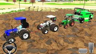 😱🚜Pulling Harvester from Mud by the three tractors rescued from Mud 😱🤷#tractor #virelvideo #game