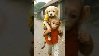 ai little monkey help by poor 🐕 puppy 😔#puppies #monkeys #cariying #pity #viral