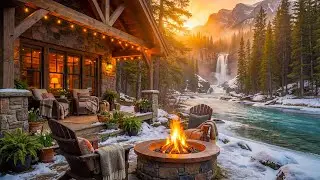 Soothing Winter Riverside Cabin Porch Ambience 🌲🔥 Fire Pit, Waterfall & Flowing River Sounds