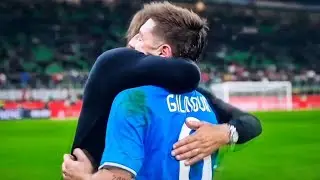 CONTE GRABS GILMOUR. The Napoli boss gives the Scotland midfielder a passionate embrace at San Siro.