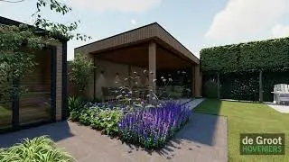 16263 | De Groot Hoveniers | 3D Ontwerp | Achtertuin met buitenverblijf, sauna en buitenkeuken