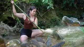 unbelievable way to catch fish, girl holds homemade bamboo spear in hand to catch big school of carp