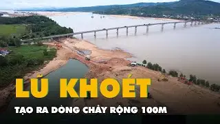 Bờ s&ocirc;ng Ba bị lũ kho&eacute;t thủng tạo ra d&ograve;ng chảy rộng 100m, d&agrave;i 1,5km