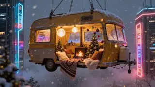 Winter Cyberpunk Lofi &ndash; Cozy Floating Cabin with Fire Sounds | Relax, Study, Sleep