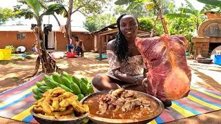 Simple Beef Stew Soup with Fried Banana Chips For Early Dinner| African Village life