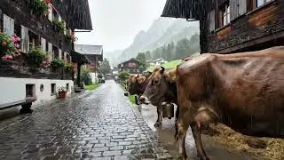 Heavy Rain in Swiss Village | 4K Walking Tour Switzerland | Relaxing Rain #asmr