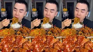 Mukbang eating braised pork with vermicelli, fried leeks with eggs, fried mushrooms, Li Xiao Mukbang