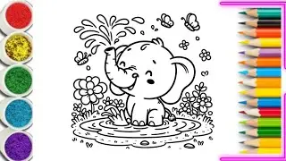 Colouring Cute Bathing Elephant Drawing and Colouring// Simple Painting #howtodraw #easydrawing