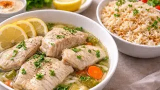 السمك المسلوق الصح من غير زفارة مع رز بالشعيرية أكلة صحية لو بتعملي دايت  سمك شوربة تحفة مع رز أبيض