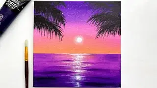 Easy Acrylic Painting Tutorial | Purple Orange Palm Tree Sunset