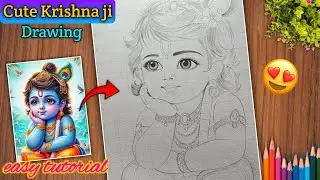 Cute Bal Krishna Drawing | Outline drawing tutorial 🥰