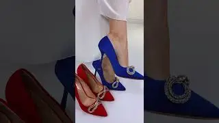 Women's satin pumps with a bow and rhinestones