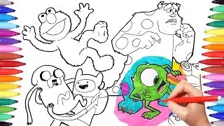 Cartoon Characters Coloring Book Page 1: Monster & Co, Adventure Time and Elmo