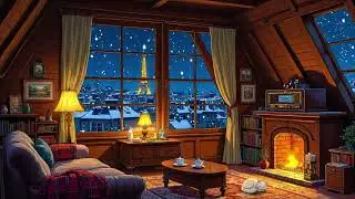 Warm living room fireplace, soft snow outside and peaceful winter ambience  Jazz vintage 1930s 1940s