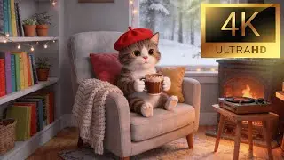 A Cute Cat in a Red Beret drinks hot chocolate | Lofi Chill & Relaxation Background 4k