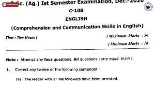 BSC 1ST SEM AG ENGLISH COMPREHENSION AND COMMUNICATION SKILLS IN ENGLISH AC DEC 2020 | DBRAU