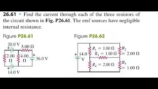 Find the current through each of the three resistors of the circuit shown in . The emf sources have