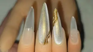 Milky Nails with Gold Cat Eye Effect | Elegant Nail Art | Relaxing Step-by-Step Nail Art Tutorial