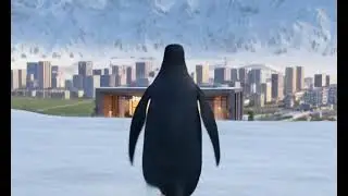 Realistic 3D penguin walking forward through snowy Antarctic landscape, back view only  Camera follo