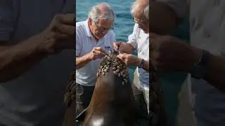 Two Elderly Men Gently Remove Barnacles from a Sea Lion #seal #sealions #animalrescue