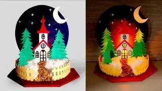 Diy Church house in beautiful moonlight ⛪ / 3D paper church with light / Christmas decorations ✨