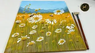 Acrylic painting of Honey Bee and Chamomile flowers in the field/ Step by step